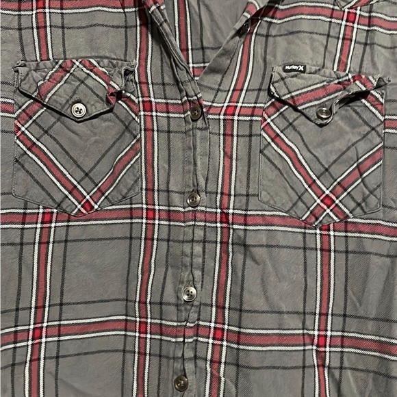 Hurley Gray Red Plaid Flannel Long Sleeve Button Front Shirt Women’s L - Picture 2 of 6